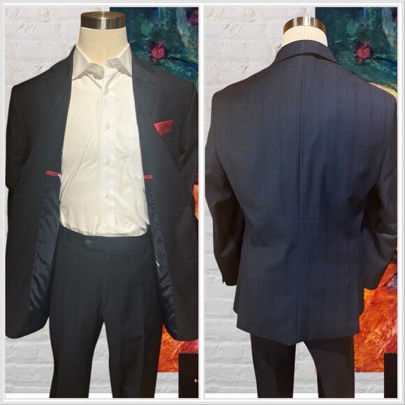 Tommy Hilfiger Mens 46L 38x33 Navy Royal Cobalt Blue Plaid Suit - Picture 6 of 16